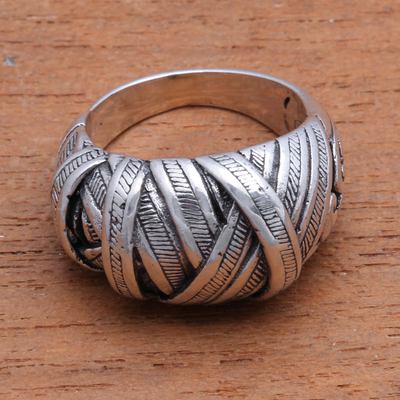 Sterling silver band ring, 'Wrapped Songket' - Sterling Silver Songket Band Ring from Bali