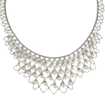 Cultured pearl statement necklace, 'White Lily Waterfall' - Handcrafted Cultured Pearl and Silver Statement Necklace