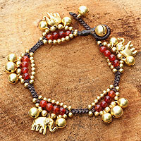 Carnelian charm bracelet, 'Fortune's Melody' - Elephant and Bell Charm Bracelet in Carnelian and Brass