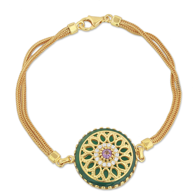 Gold plated amethyst and onyx pendant bracelet, 'Petal Grandeur' - Gold Plated Amethyst and Onyx Pendant Bracelet from India
