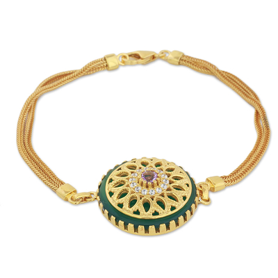Gold plated amethyst and onyx pendant bracelet, 'Petal Grandeur' - Gold Plated Amethyst and Onyx Pendant Bracelet from India