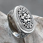 Ornate Sterling Silver Cocktail Ring with Floral Motif, 'Hibiscus Gate'