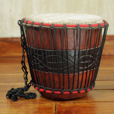 Wood bongo drum, 'Rhythmic Beat' - Hand Carved Tweneboa Wood Bongo Drum from Ghana