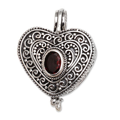 Garnet locket pendant, 'Always in my Heart' - Garnet and Sterling Silver Heart Shaped Locket Pendant