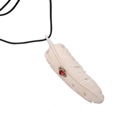 Garnet and bone pendant necklace, 'Feather Soul' - Garnet Leather and Carved Bone Feather Pendant Necklace
