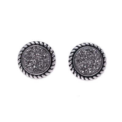 Drusy stud earrings, 'Round Grey' - Sterling Silver and Grey Drusy Round Stud Earrings