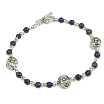 Lapis lazuli beaded bracelet, 'Modern Moche' - Andes Silver and Lapis Bracelet