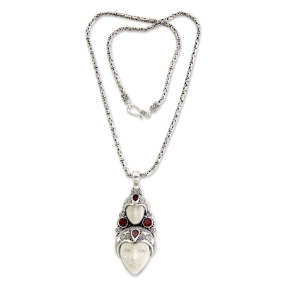 Bone and garnet pendant necklace, 'Royal Heir' - Hand Made Indonesian Silver and Garnet Necklace