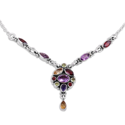 Multi-gemstone pendant necklace, 'Festive Glisten' - Multi-Gemstone Pendant Necklace from India