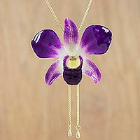 Gold accent natural orchid pendant necklace, 'Orchid Majesty' - Genuine Purple Orchid Pendant Necklace with Gold Plate Chain