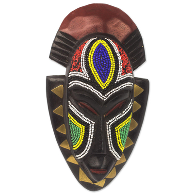 African wood mask, 'Jama' - Handmade Wood Wall Mask with Glass Bead and Brass Accent