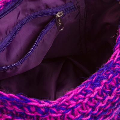 Jute sling bag, 'Marvelous Waves' - Fuchsia and Blue-Violet Knitted Jute Sling Handbag from Peru