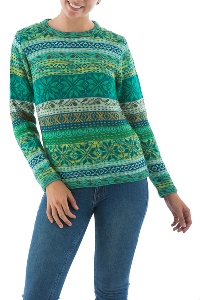 100% alpaca sweater, 'Cozy Forest' - Multicolor Alpaca Sweater in Greens and Blues