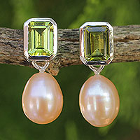 Pearl and peridot drop earrings, 'Attraction' - Pearl and Peridot Drop Earrings