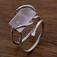 Rose quartz cocktail ring, 'I Love You' - Fine Silver and Rose Quartz Wrap Ring