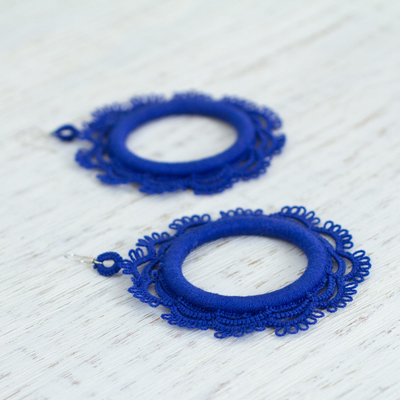 Cotton dangle earrings, 'Azul Sun' - Handcrafted Blue Cotton Dangle Earrings Sun Motif Mexico