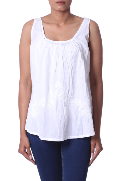 Blusa de algodón - Top tipo bata de algodón blanco sin mangas bordado a mano