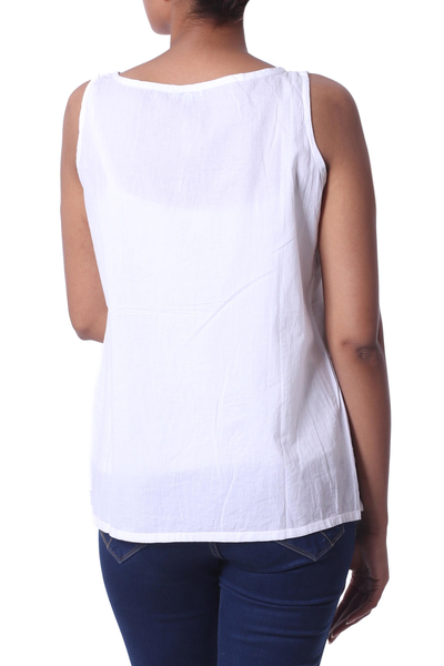 Blusa de algodón - Top tipo bata de algodón blanco sin mangas bordado a mano