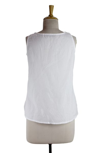 Cotton blouse, 'Floral Whisper' - Hand Embroidered Sleeveless White Cotton Smock Top