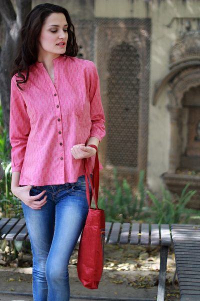 Blusa de algodón - Top de blusa con estampado de bloques de algodón hecho a mano