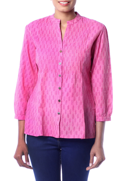 Cotton blouse, 'Rose of Mangalgiri' - Handcrafted Block Printed Cotton Patterned Blouse Top