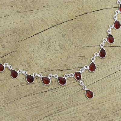 Garnet waterfall necklace, 'Scarlet Droplets' - Artisan Crafted Sterling Silver Waterfall Garnet Necklace