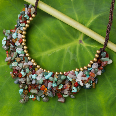 Beaded gemstone necklace, 'Festive Party' - Multicolor Gemstone Chip Necklace with Brass Accents