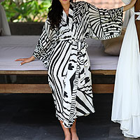 Silk robe, 'White Night' - Women's Balinese Black and White Patterned Silk Robe