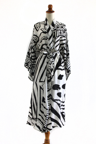 Silk robe, 'White Night' - Women's Balinese Black and White Patterned Silk Robe