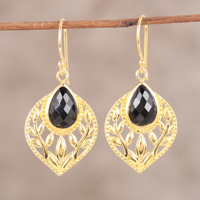 Gold plated onyx dangle earrings, 'Glimmering Leaves' - Gold Plated Faceted Black Onyx Openwork Leaf Dangle Earrings