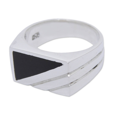Men's onyx signet ring, 'Night Shadow' - Modern Men's Onyx Ring Crafted of Andean 925 Silver