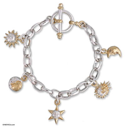 Gold accented charm bracelet, 'Moon and Sun' - Gold Accented Moon and Sun Charm Bracelet