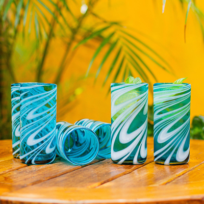 Vasos altos de vidrio soplado, (juego de 6) - 6 vasos altos de 13 oz color aguamarina soplados a mano de México