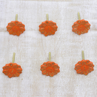Ceramic knobs, 'Orange Blooms' (set of 6) - Orange and Gold Floral Ceramic Drawer Knobs Set of 6