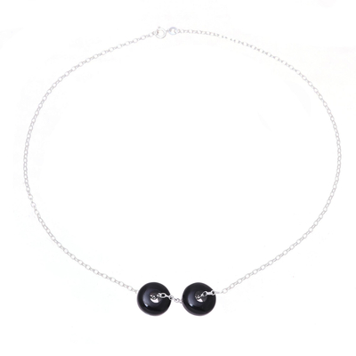 Halskette mit Onyx-Anhänger - Halskette mit Anhänger aus Onyx-Doppelscheibe und Sterlingsilber