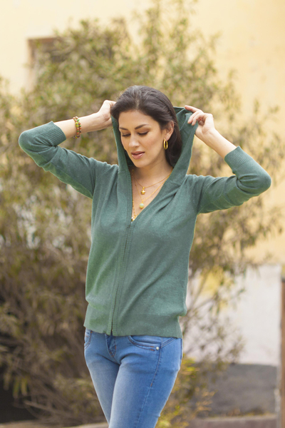 Cotton blend hooded cardigan, 'Simple Delight in Viridian' - Cotton Blend Hooded Cardigan in Viridian from Peru