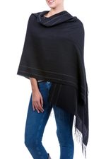 Alpaca blend shawl, 'Sensual Mystery' - Handwoven Alpaca Blend Shawl in Black from Peru