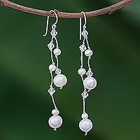 Pearl dangle earrings, 'White Iridescence' - Bridal Pearl Waterfall Earrings from Thailand