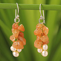 Cultured pearl and aventurine cluster earrings, 'Afternoon Glow' - Beaded Aventurine and Pearl Earrings