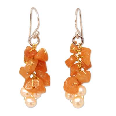 Cultured pearl and aventurine cluster earrings, 'Afternoon Glow' - Beaded Aventurine and Pearl Earrings