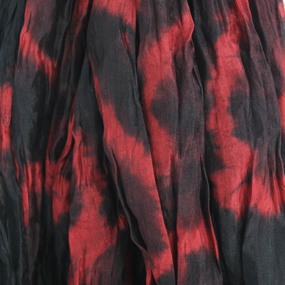 Silk scarf, 'Nocturnal Dance' - Black Red Tie-dye Silk Scarf Crafted by Hand in Thailand