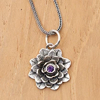 Amethyst flower necklace, 'Sacred Lilac Lotus' - Hand Crafted Floral Amethyst and Sterling Silver Necklace