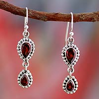 Garnet dangle earrings, 'Halo of Beauty' - Garnet Earrings in Sterling Silver from India Jewelry