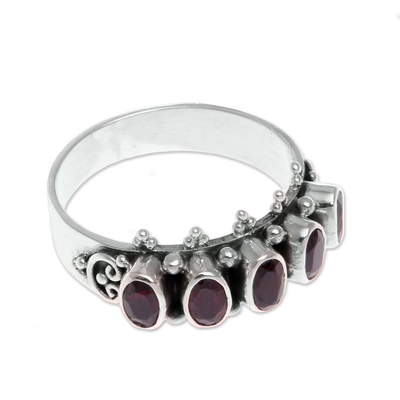 Garnet multi-stone ring, 'Velvet Crown' - Handcrafted Five Oval Garnet Gemstone Sterling Silver Ring