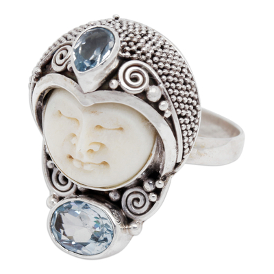 Blue topaz cocktail ring, 'Moonlight Prince' - Blue Topaz and 925 Silver Face Shaped Ring from Bali