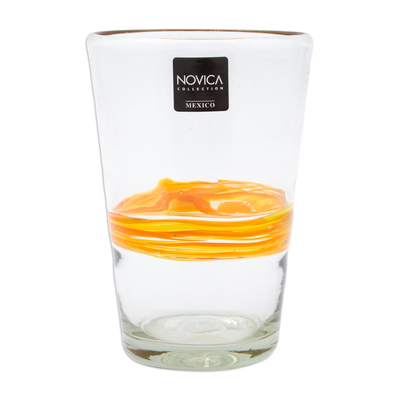 Mundgeblasene Glasbecher, (6er-Set) - Handgeblasene, recycelte, gestreifte, klare und gelbe Gläser aus Glas