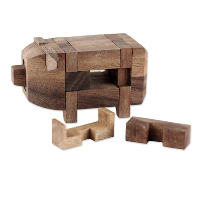 Wood puzzle, 'Piggy Puzzle' - Rain Tree Wood Pig Puzzle from Thailand