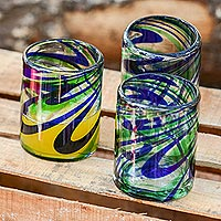Blown glass rocks glasses, 'Elegant Energy' (set of 6) - Set of 6 Hand Made Blown Glass Rocks Glass in Blue and Green