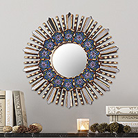 Wood and reverse painted glass wall mirror, 'Cuzco Blue' - Floral Reverse Painted Glass and Wood Wall Mirror