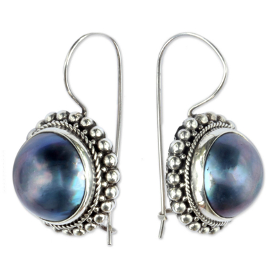 Cultured mabe pearl drop earrings, 'Once in a Blue Moon' - Artisan Crafted Cultured Blue Mabe Pearl Drop Earrings